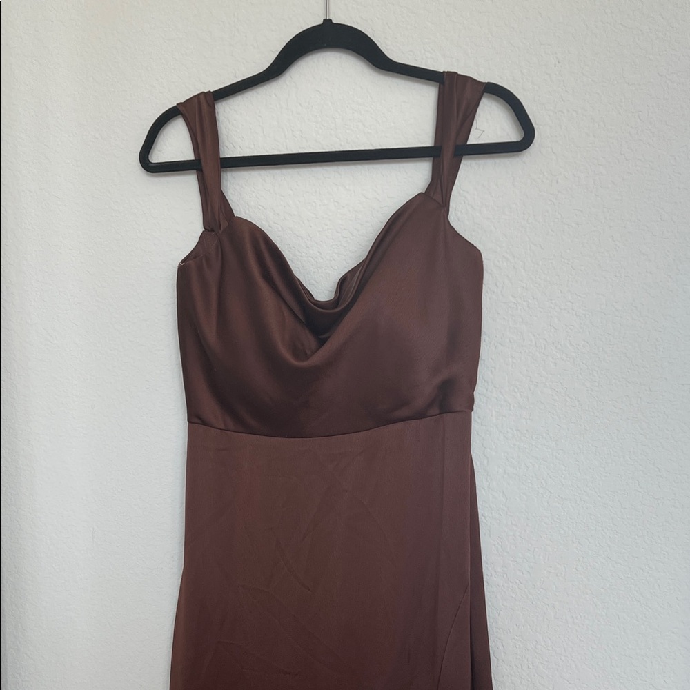 Jenny Yoo Brown Side Slit Formal Dress With Draped Bust